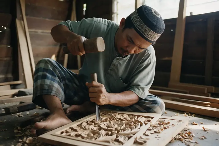 A woodcarver chiselling a floral relief panel