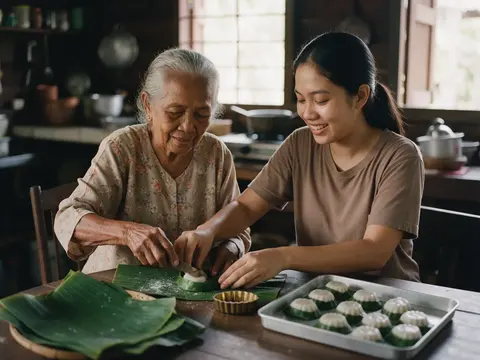 A grandmother and granddaughter wrapping kuih in banana leaves at a kitchen table