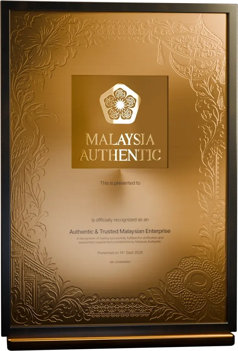 Malaysia Authentic recognition plaque with an ornate gold face, raised emblem and dark frame; the recipient name is left blank on this sample
