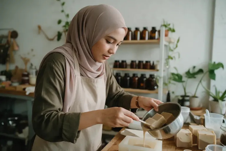A maker pouring handmade soap into a mould