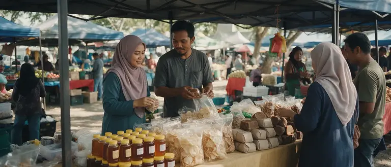 A couple selling their own honey, keropok and gula melaka at a market stall.