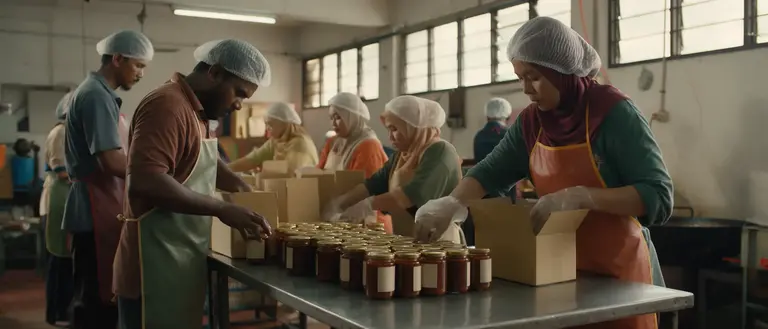 A small production team packing jars of sambal into boxes.