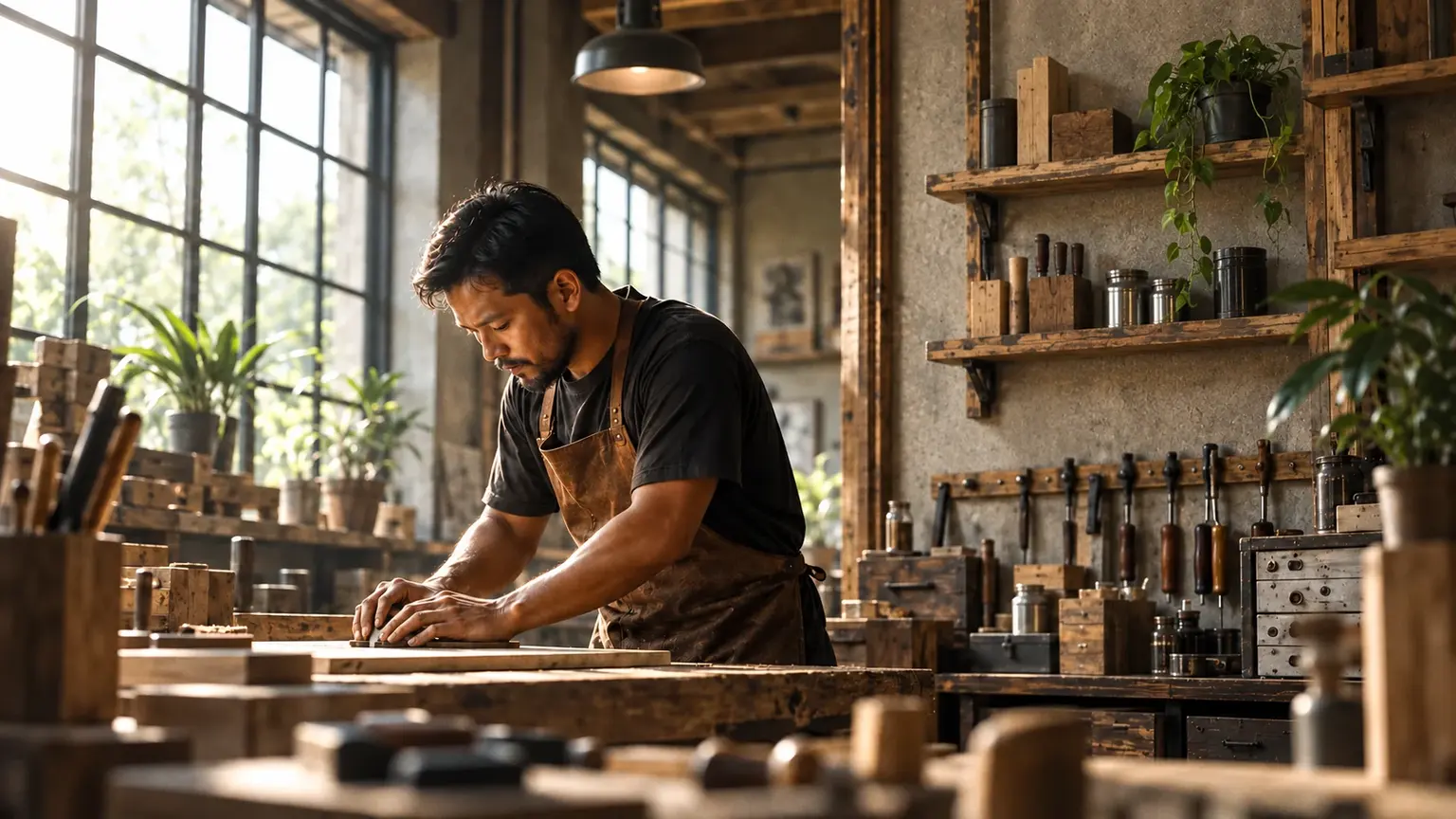 A maker working at a workshop bench