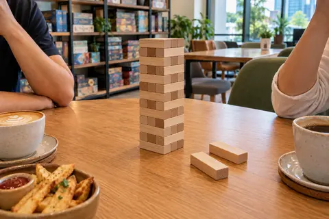 AI illustration: A wooden block-stacking tabletop game and coffee in a bright contemporary game cafe.