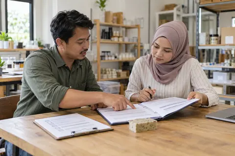 AI illustration: A business owner and assessor review documents and a product sample in a small-business workspace.