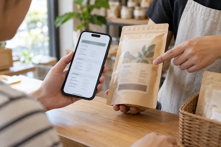 AI illustration: A shopper compares a product label with a record on a smartphone.