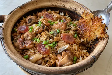 AI illustration: Claypot chicken rice with small chicken pieces, sliced lap cheong and a lifted crispy rice crust.