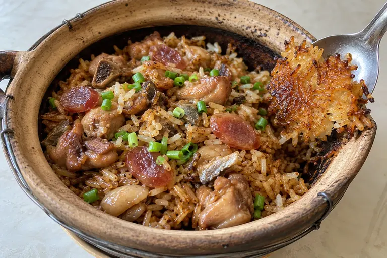 AI illustration: Claypot chicken rice with small chicken pieces, sliced lap cheong and a lifted crispy rice crust.