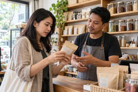 AI illustration: A customer reads a product label while speaking with a neighbourhood shopkeeper.