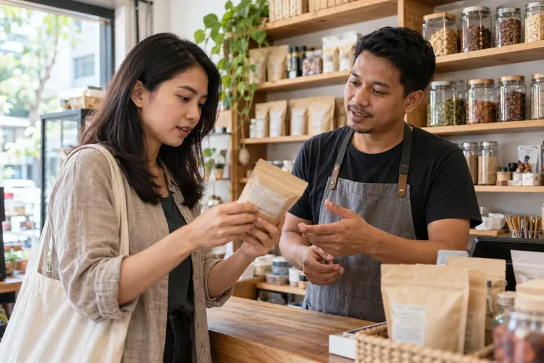 AI illustration: A customer reads a product label while speaking with a neighbourhood shopkeeper.