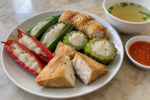 AI illustration: Yong tau foo with fish-paste-stuffed tofu, red chillies, okra and bittergourd, beside clear broth.