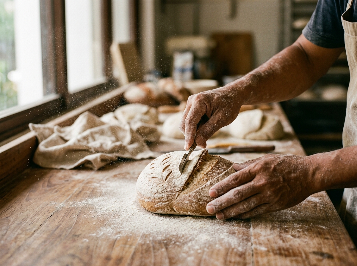 A baker scoring a handmade loaf